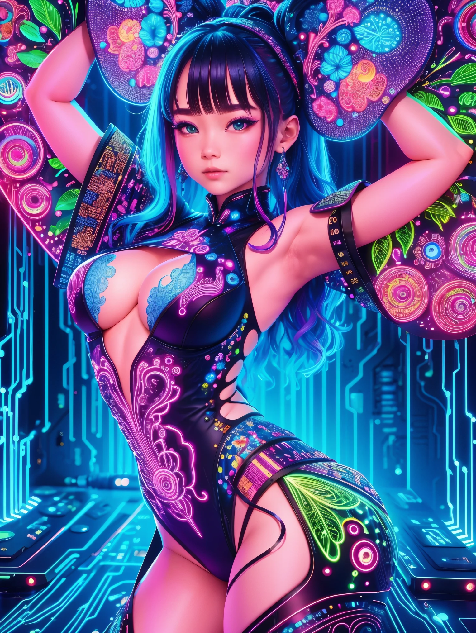 (Neon),Circuit Board,(1 Girl:1.3),Extremely detailed,(Fractal Art:1.2),rich and colorful,The most detailed,(zentangle Neon:1.2),(Dynamic poses),(Neon几何背景:1.5),(Traditional clothing:1.2),(Glowing skin),(Many colors:1.4),Upper Body,(Ultra HD, masterpiece, precise, Anatomically correct, textured skin, High Detail, high quality, The award-winning, 8k)