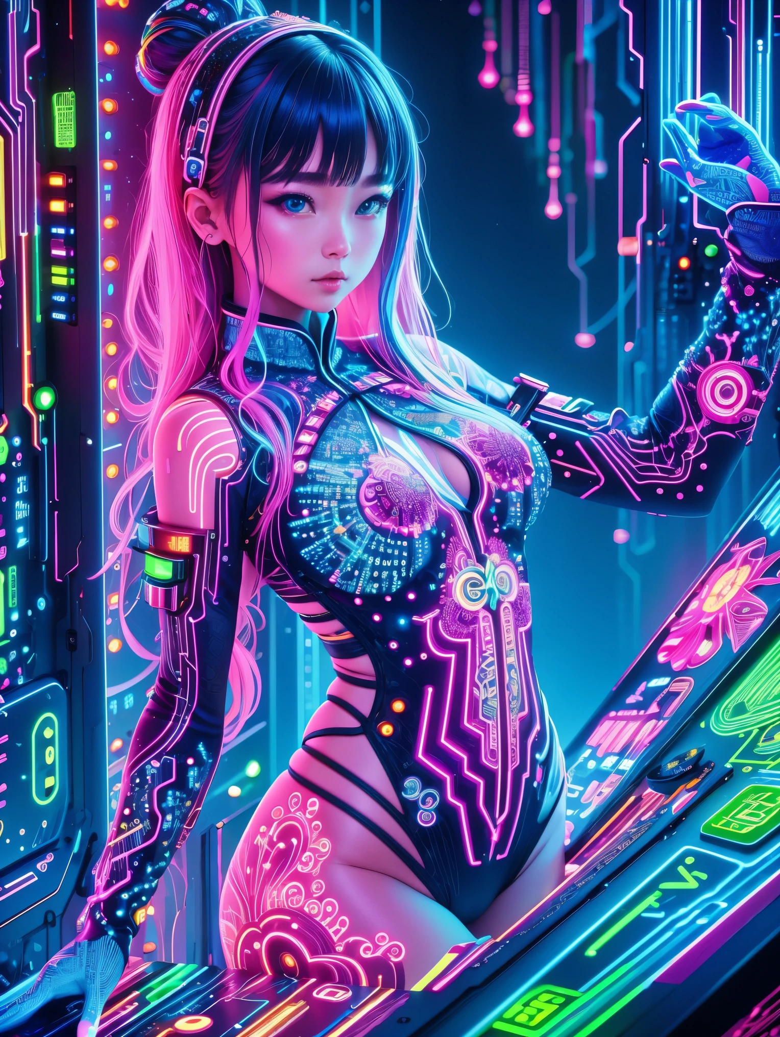 (Neon),Circuit Board,(1 Girl:1.3), Extremely detailed,(Fractal Art:1.2),rich and colorful,The most detailed,( zentangle Neon:1.2), (Dynamic poses), (Neon几何背景:1.5), (Traditional clothing:1.2), (Glowing skin), (Many colors:1.4), Upper Body ,(Ultra HD, masterpiece, precise, Anatomically correct, textured skin, High Detail, high quality, The award-winning, 8k)