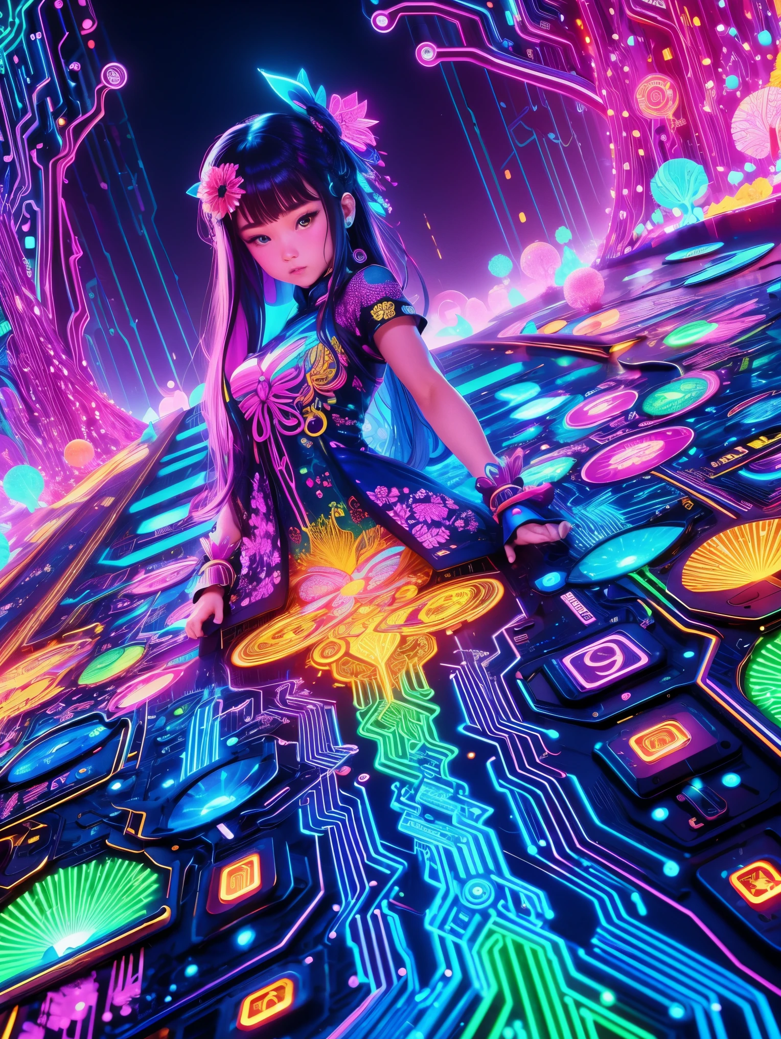 (Neon),Circuit Board,(1 Girl:1.3),Extremely detailed,(Fractal Art:1.2),rich and colorful,The most detailed,(zentangle Neon:1.2),(Dynamic poses),(Neon几何背景:1.5),(Traditional clothing:1.2),(Glowing skin),(Many colors:1.4),Upper Body,(Ultra HD, masterpiece, precise, Anatomically correct, textured skin, High Detail, high quality, The award-winning, 8k)