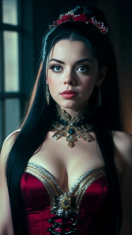 Top quality, anime style, A vampire woman, large and plump breasts, stunning looking, Exotic beautiful purple big round eyes, Dark black flowing river, jade white skin, wearing tight red overcoat over the black suit, her cannie teeth are shown, slightly blushing , red mist surround her, excited expression,