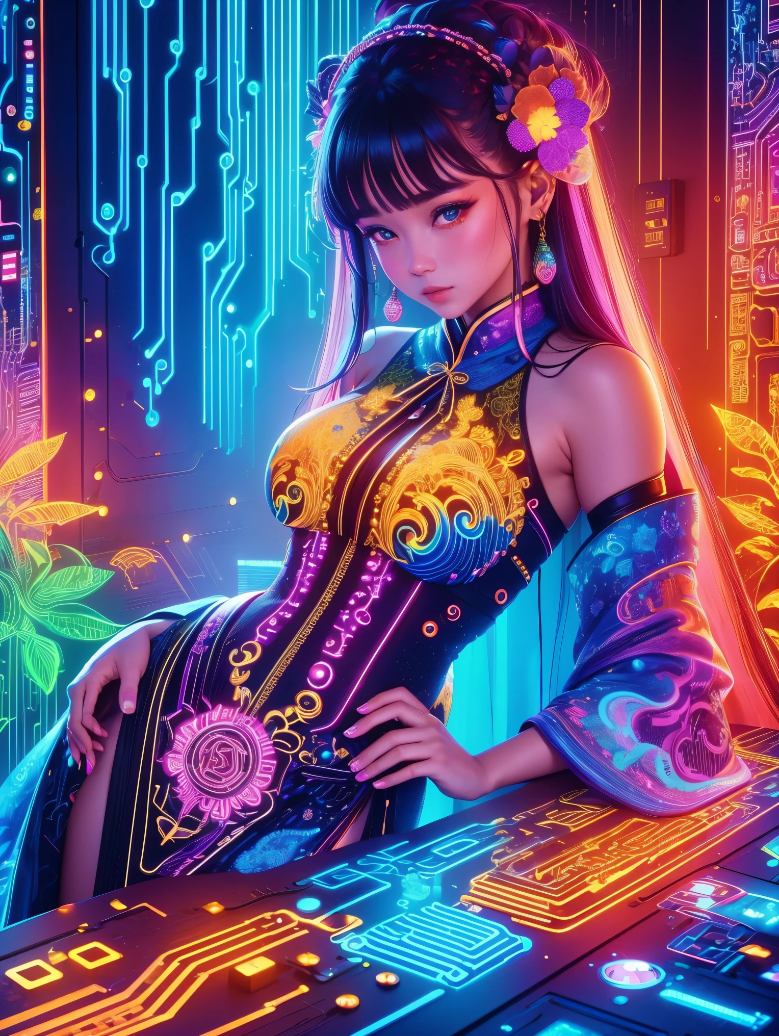 (Neon),Circuit Board,(1 Girl:1.3),Extremely detailed,(Fractal Art:1.2),rich and colorful,The most detailed,(zentangle Neon:1.2),(Dynamic poses),(Neon几何背景:1.5),(Traditional clothing:1.2),(Glowing skin),(Many colors:1.4),Beautiful Girl,Dark Magic,Magical shape,Face highlighting,fashionable,Texture,Surrealism,Light and Shadow Art,Sunshine on the face,Cardamom age,Red Wedding Dress,Exquisite and perfect demeanor,dream,(Ultra HD, masterpiece, precise, Anatomically correct, textured skin, High Detail, high quality, The award-winning, 8k)