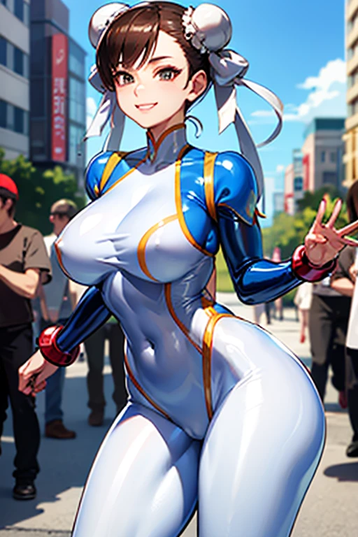 Chun li, skin-tight latex suit, smile, public street