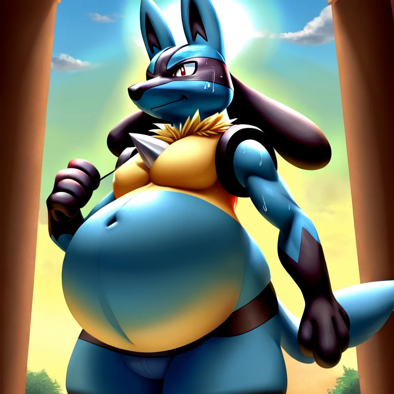 highest quality)), ((masterpiece)), (detailed), Perfect Face ((Lucario)) ((Pokémon)) ((original)) (Chest corners) ((Big belly)) (Belly) (Belly sweat)