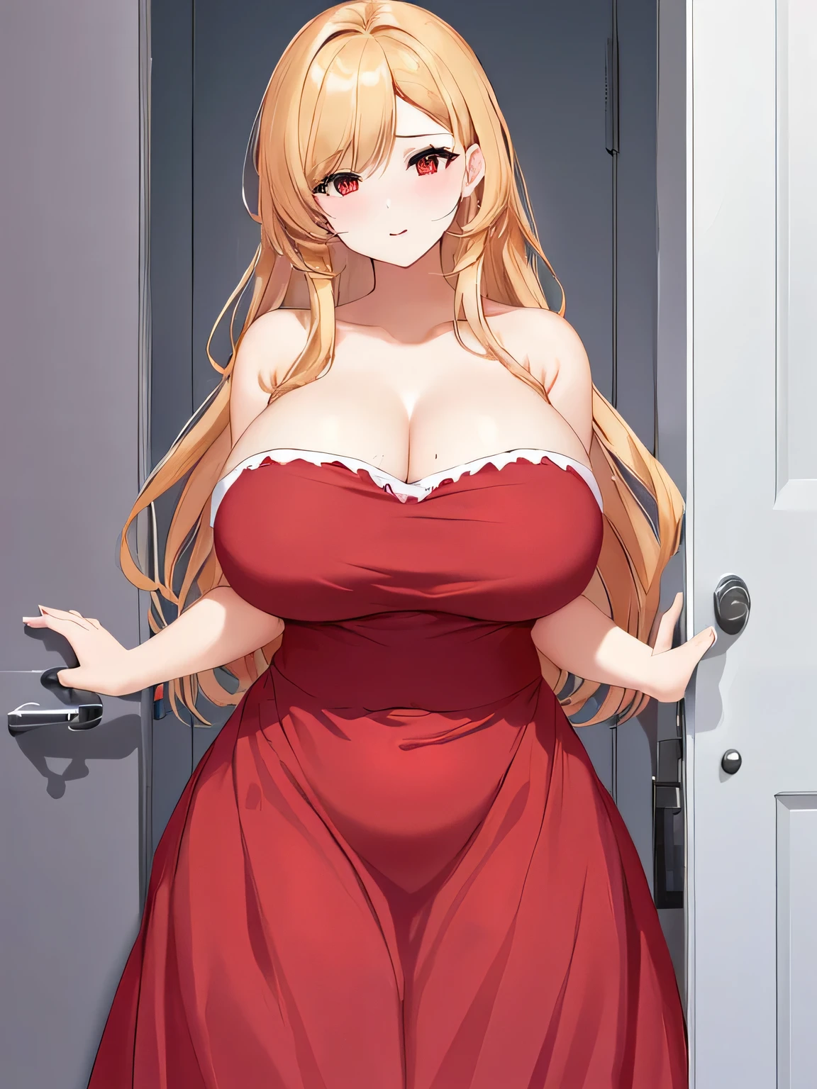 A woman in a red dress is standing at the door, tits, with a Large Breasts, Big Breasts!, Big Breasts!!, with Large Breasts, tits proportions, Large Breasts, sfw Big Breasts, Breasts covered and SFW, , , covered sfw Big Breasts, She has a plump, round belly