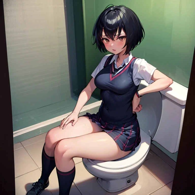 (masterpiece), Best quality, expressive eyes, perfect face,skirt, peniparker, we are sitting, feet on the ground, hands between legs, both hands between legs, adult, big breasts, nice breasts, sexy hips, sitting on the toilet, poops, diarrhoea 