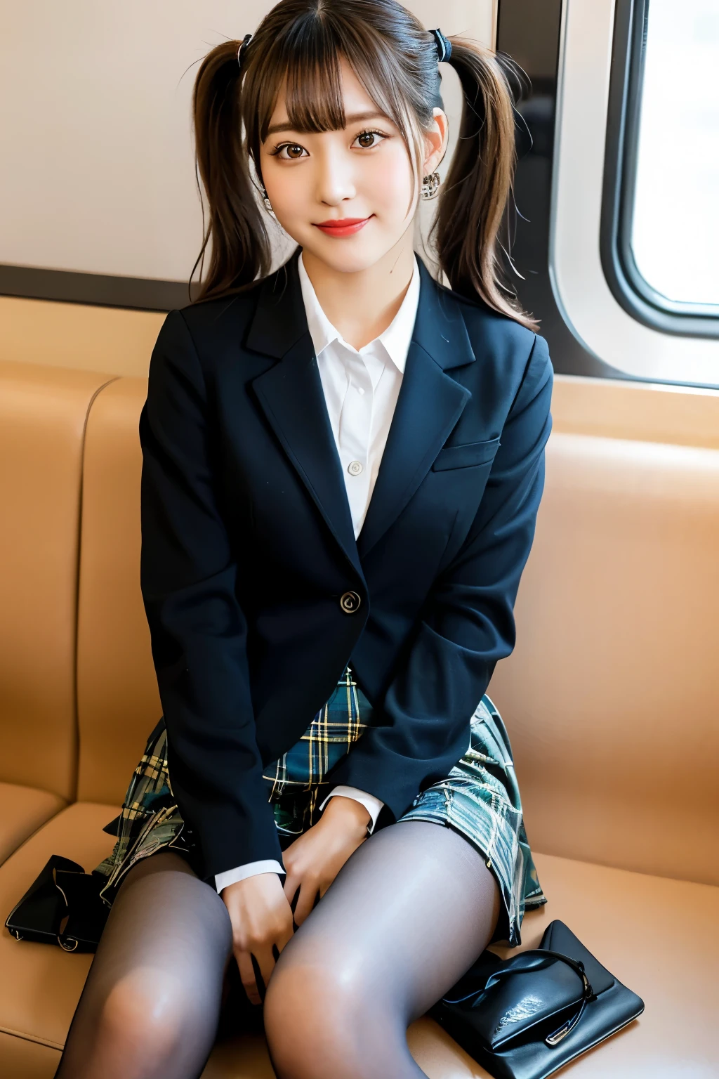 (8k), (highest quality: 1.2), (Realistic), (Realistic: 1.37), Ultra-high resolution, 1 girl, cute, A shy smile, Blushing,Mouth closed, Peach-colored lips,Beautiful details, Beautiful Nose, Beautiful black hair, bangs,Twin tail hair,Giant Dulcefo, pork, Thighs,Self Snap,University Uniforms,Sitting on a train in Tokyo,simple blazer,Pleated skirt,(The pattern of the skirt is a tartan check pattern.....:1.3),Crossing your legs, From above,(Close up on legs),(Shiny pantyhose),Sit with your legs up