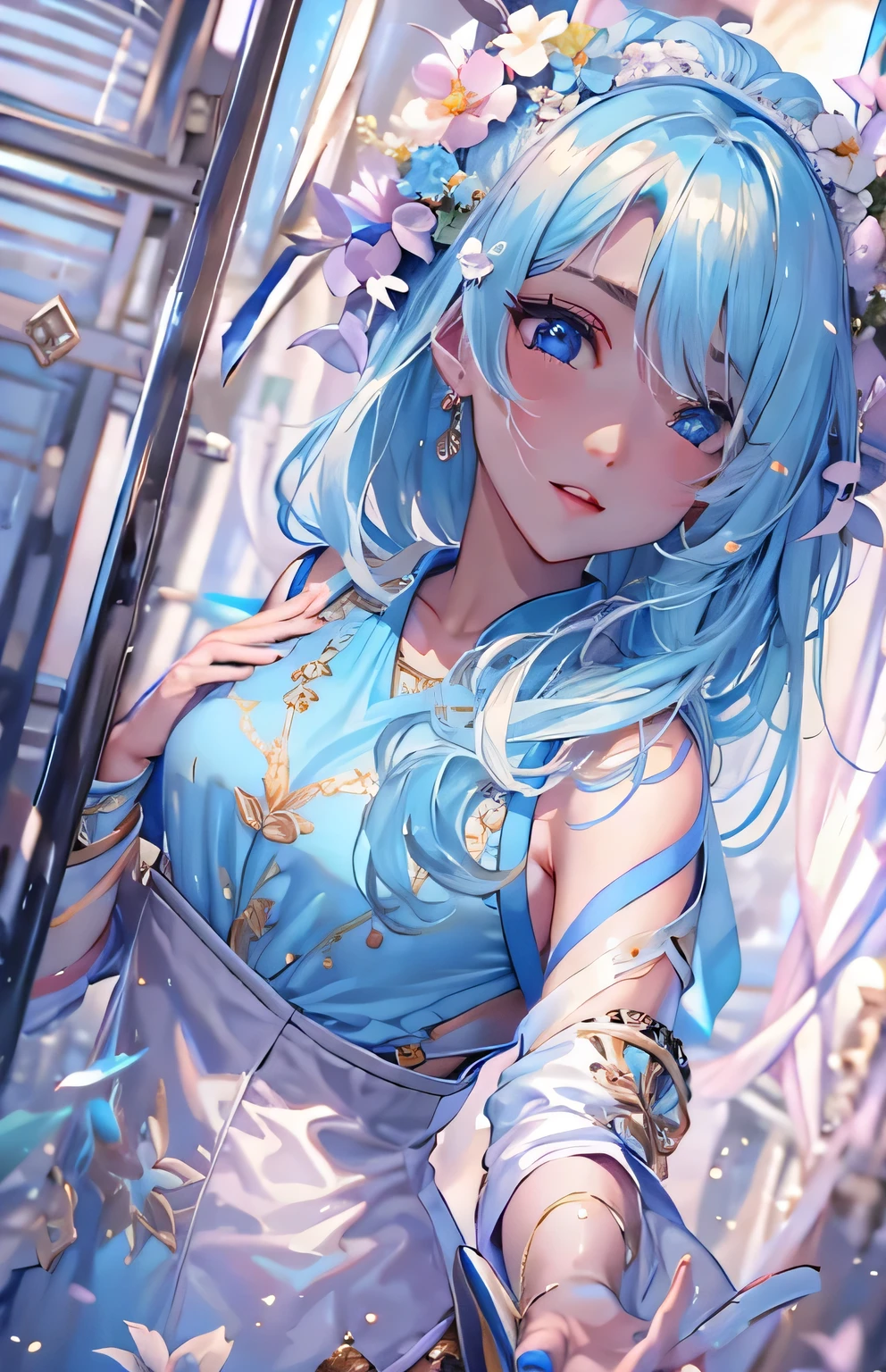 ((highest quality)), ((masterpiece)), (Get used to it), Perfect Face , beautiful girl , Black and light blue , 