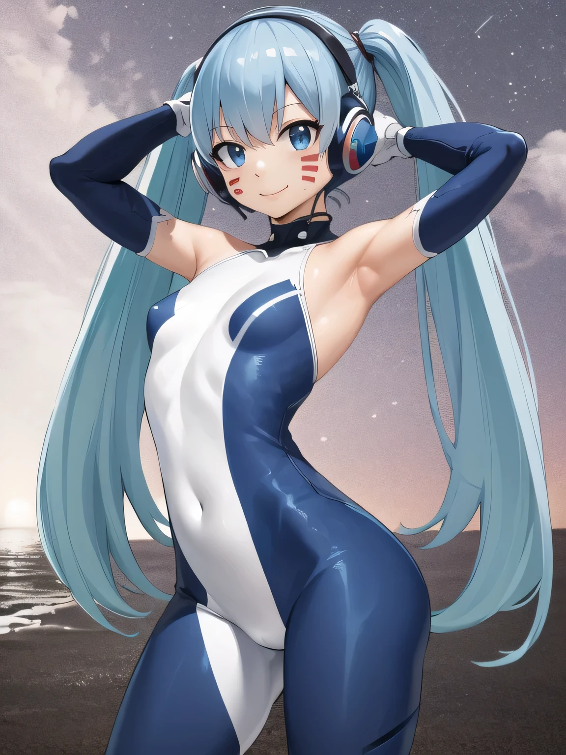 masterpiece, best quality, highres, aamio, long hair, twintails, facial mark, headphones, small breasts, white bodysuit, skin tight, gloves, dynamic pose, contrapposto, spread armpit, arms behind head, smile, solo, looking at viewer, (cowboy shot:1.5), cyberpunk, smile, night sky, beach,