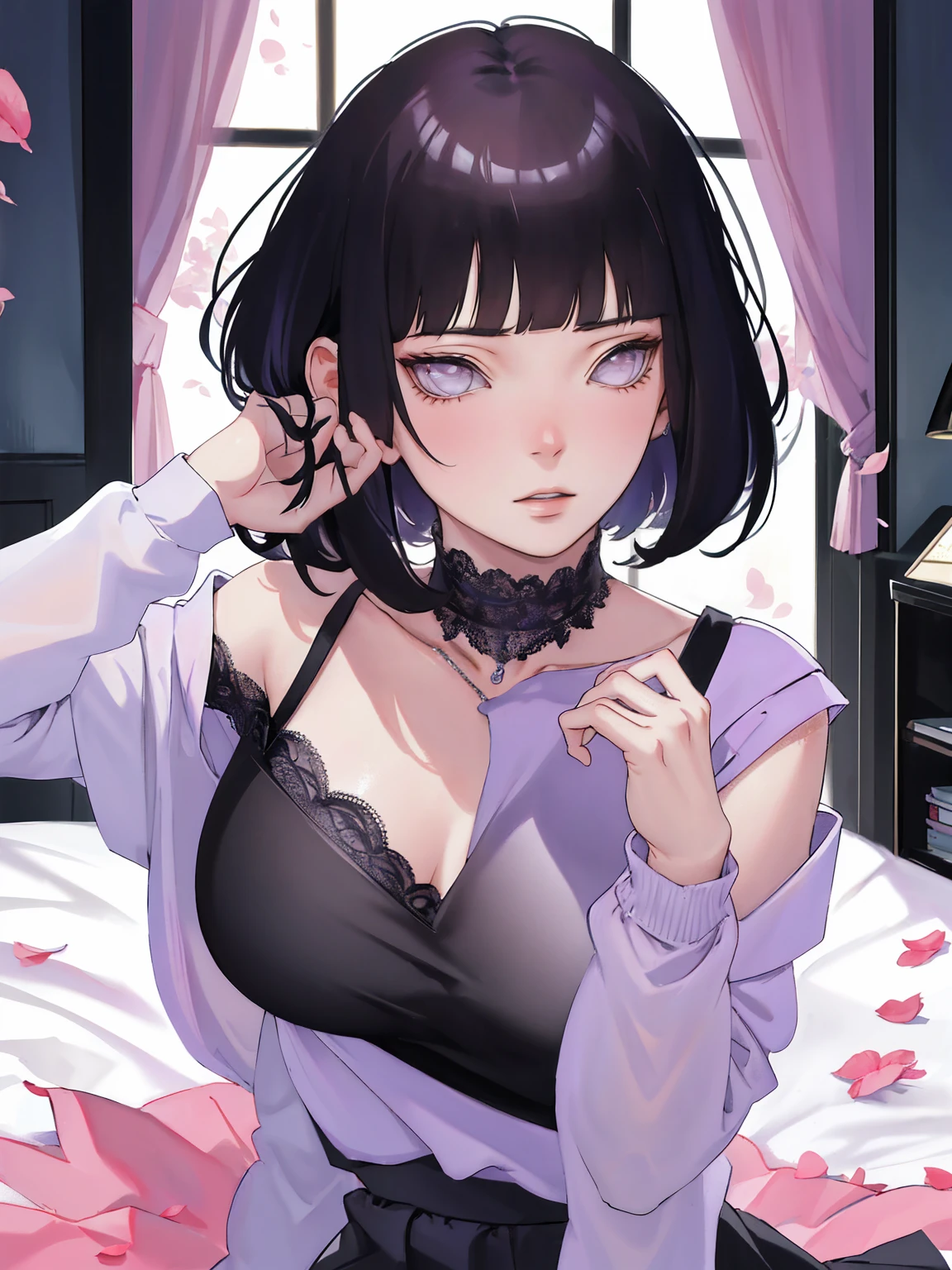 { - anatomy error} (Masterpiece - Ultra-detailed, very high resolution) (huge titusty, masterpiece, absurdres, hinata\(boruto\), 1girl, solo,mature female, off-shoulder bra, high waist black short skirt, looking at viewelling petals), perfect composition, detailed lips, big breast, beautiful face, body propotion, blush, (pink lips), short hair, (black hair), purple eyes, soft gaze, super realistic, detailed, photoshoot, realistic face and body, closed mouth, sitting on the bed , lilac eyes, upper body, lace clothes, backwards, looking back, with chin resting on shoulder, perfect fingers