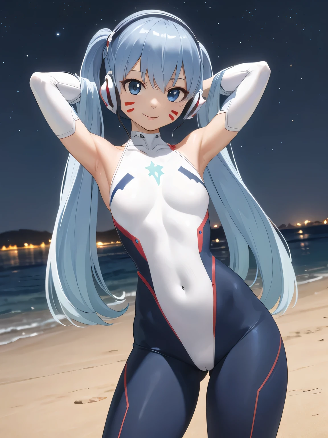 masterpiece, best quality, highres, aamio, long hair, twintails, facial mark, headphones, small breasts, white bodysuit, skin tight, gloves, dynamic pose, contrapposto, spread armpit, arms behind head, smile, solo, looking at viewer, (cowboy shot:1.5), cyberpunk, smile, night sky, beach,