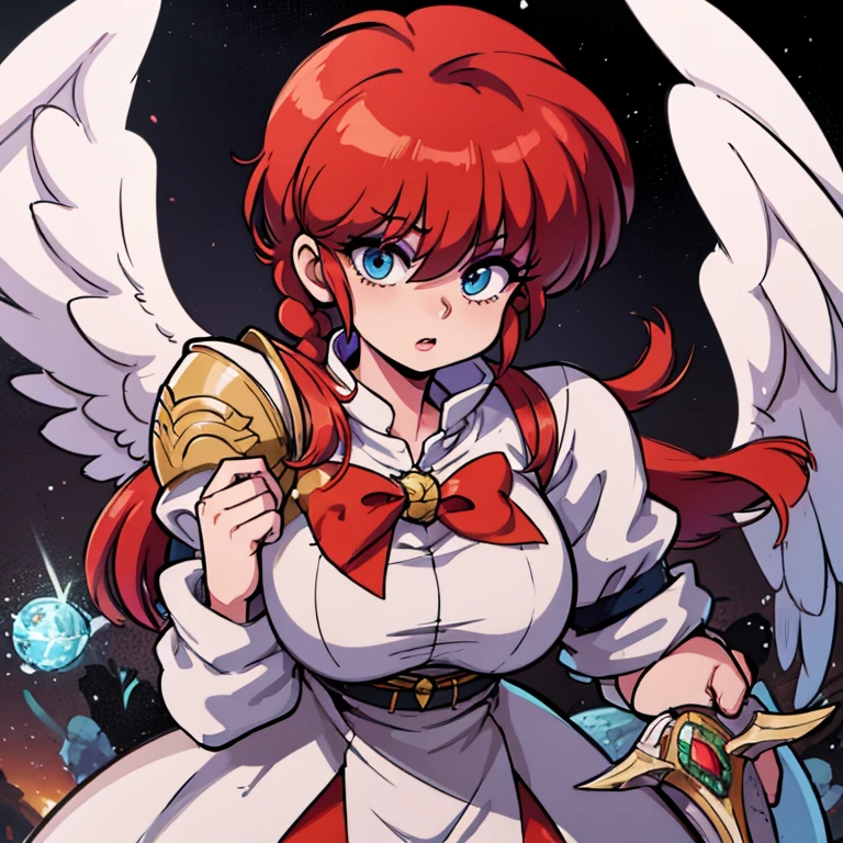 Ranmachan, cabello rojo, Cabello con trenza, ojos azules, ojos detallados, Angelic Wairrors (Valkyrie, Paladin, Priestess)