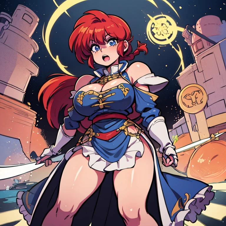Megumin, magical explosion, fiery red hair, detailed eyes, staff in hand, confident and determined expression, black cloak billowing in the wind, intense battle pose, arcane symbols glowing, majestic background, sparks and flames, vibrant colors, high contrast, dynamic lighting, anime style, (konosuba), down shot, frontal, sin calzones, rostro perfecto, obra maestra, big boobs, big ass, perfect, cuerpo correctamente proporcionado
