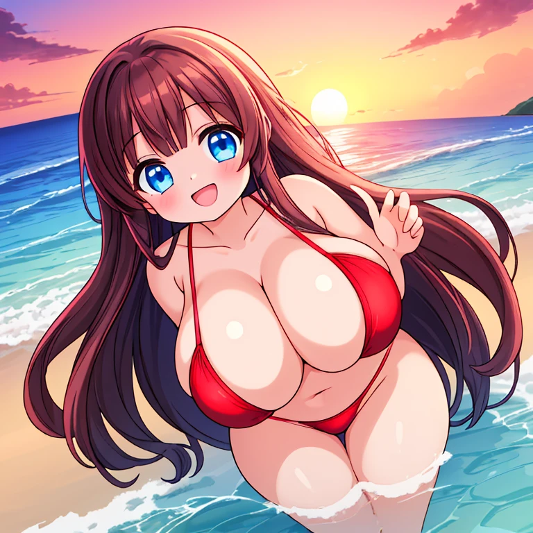A Girl, ((Excessively Overwhelmingly Gigantic Breasts)), Long Brunette hair, Beautiful Blue eyes, on the beach, sunset, wearing a Full Red Bikini, happy, anime style, not-inappropriate, no-nudity,
