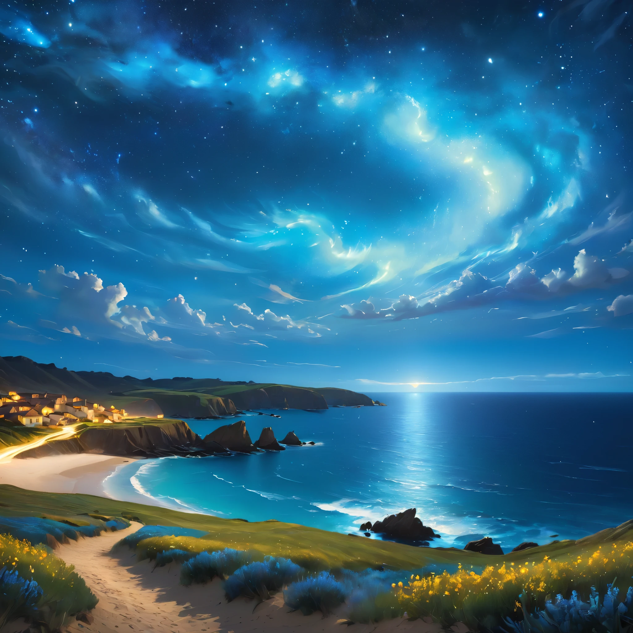 letitfourche,night，Starry Sky，Van Gogh style,(Coast glow blue,The wonderful blue coast),magical light,concept art,Depth of Field,original photo,Practical,Movie Lighting,Soft shadows,Clear focus,Fractal,rich and colorful,Depth of Field,best quality,16k resolution,Bright colors,Volumetric Lighting