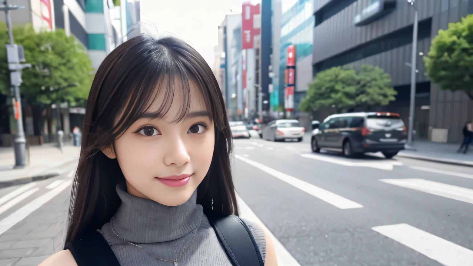 (huge 、Grey Turtleneck Knit、Shoulder bag)、(highest quality,masterpiece:1.3,超A high resolution,),(Ultra-detailed,Caustics),(Photorealistic:1.4,RAW shooting,)Ultra-Realistic Capture,Very detailed,High resolution 16K for human skin、 The skin texture is natural、、The skin looks healthy、The color is also uniform.、 Use natural light and color,30-year-old female,Japanese,,cute,Black-haired,Middle Hair,(Depth of written boundary:1.3、chromatic aberration、、Wide range of lighting、Natural Shading、)、(Hair swaying in the wind:1.2)、（Captivating smile:1.2）,（schedule:1.2）、 Tokyo cityscape