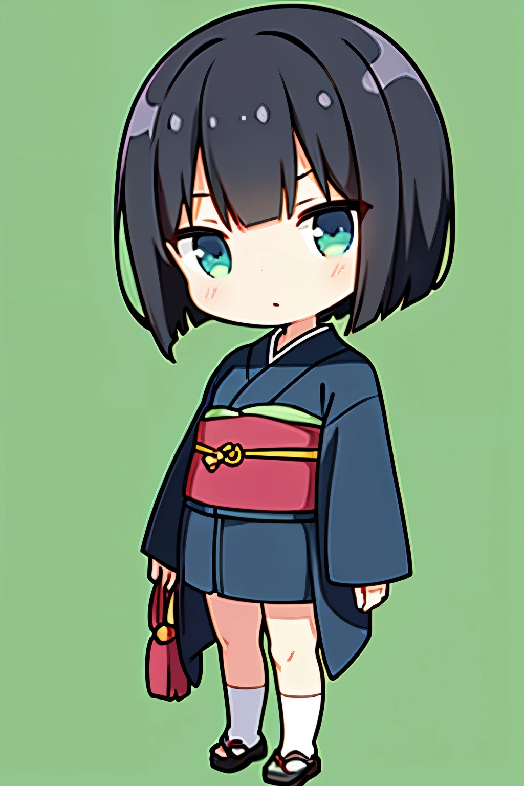 Highest quality, highest resolution, 8k, 16k, girl with short black hair in blue kimono, top half, front view, chibi proportions, green background,