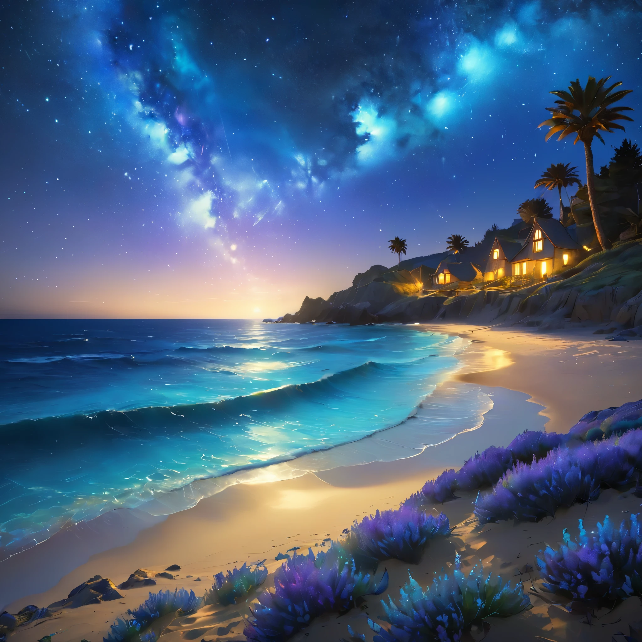 letitfourche,night，Starry Sky，Van Gogh style,(Coast glow blue,The wonderful blue coast),magical light,concept art,Depth of Field,original photo,Practical,Movie Lighting,Soft shadows,Clear focus,Fractal,rich and colorful,Depth of Field,best quality,16k resolution,Bright colors,Volumetric Lighting