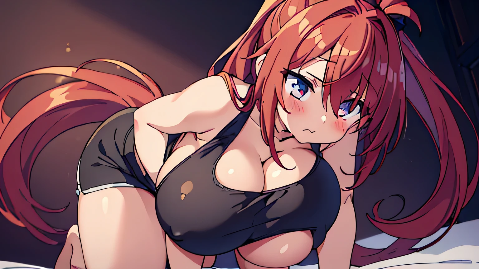 (focus breasts,from front),(1 girl,hair over one eye,blush,gag,all fours),(gigantic breasts:1.5),(long ponytail hair,deep red hair,clothed,white tank top,black shorts,cleavage),dutch angle,close to viewer,in darkroom
