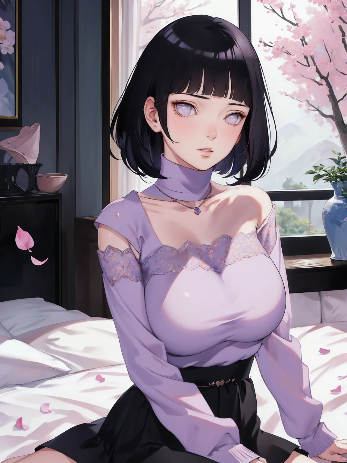 { - anatomy error} (Masterpiece - Ultra-detailed, very high resolution) (huge titusty, masterpiece, absurdres, hinata\(boruto\), 1girl, solo,mature female, off-shoulder bra, high waist black short skirt, looking at viewelling petals), perfect composition, detailed lips, big breast, beautiful face, body propotion, blush, (pink lips), short hair, (black hair), purple eyes, soft gaze, super realistic, detailed, photoshoot, realistic face and body, closed mouth, sitting on the bed , lilac eyes, upper body, lace clothes, backwards, looking back, with chin resting on shoulder, perfect fingers