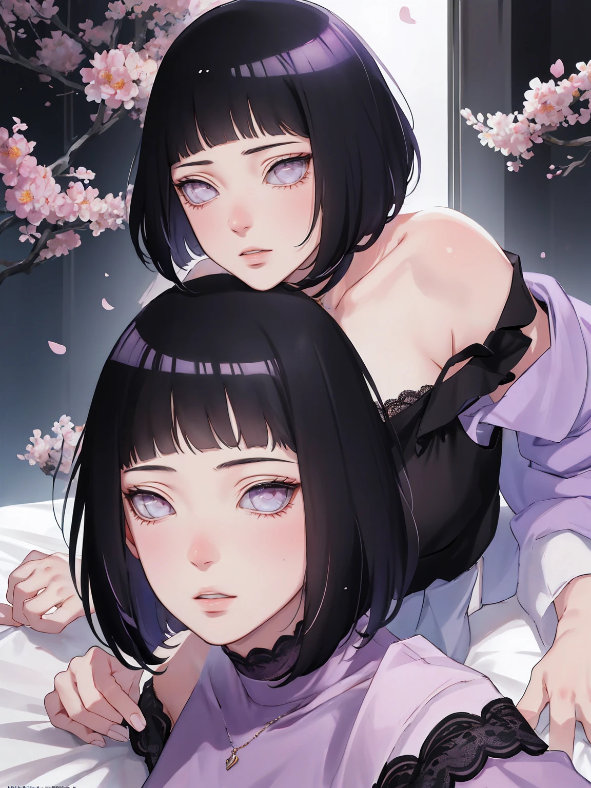 { - anatomy error} (Masterpiece - Ultra-detailed, very high resolution) (huge titusty, masterpiece, absurdres, hinata\(boruto\), 1girl, solo,mature female, off-shoulder bra, high waist black short skirt, looking at viewelling petals), perfect composition, detailed lips, big breast, beautiful face, body propotion, blush, (pink lips), short hair, (black hair), purple eyes, soft gaze, super realistic, detailed, photoshoot, realistic face and body, closed mouth, sitting on the bed , lilac eyes, upper body, lace clothes, backwards, looking back, with chin resting on shoulder, perfect fingers