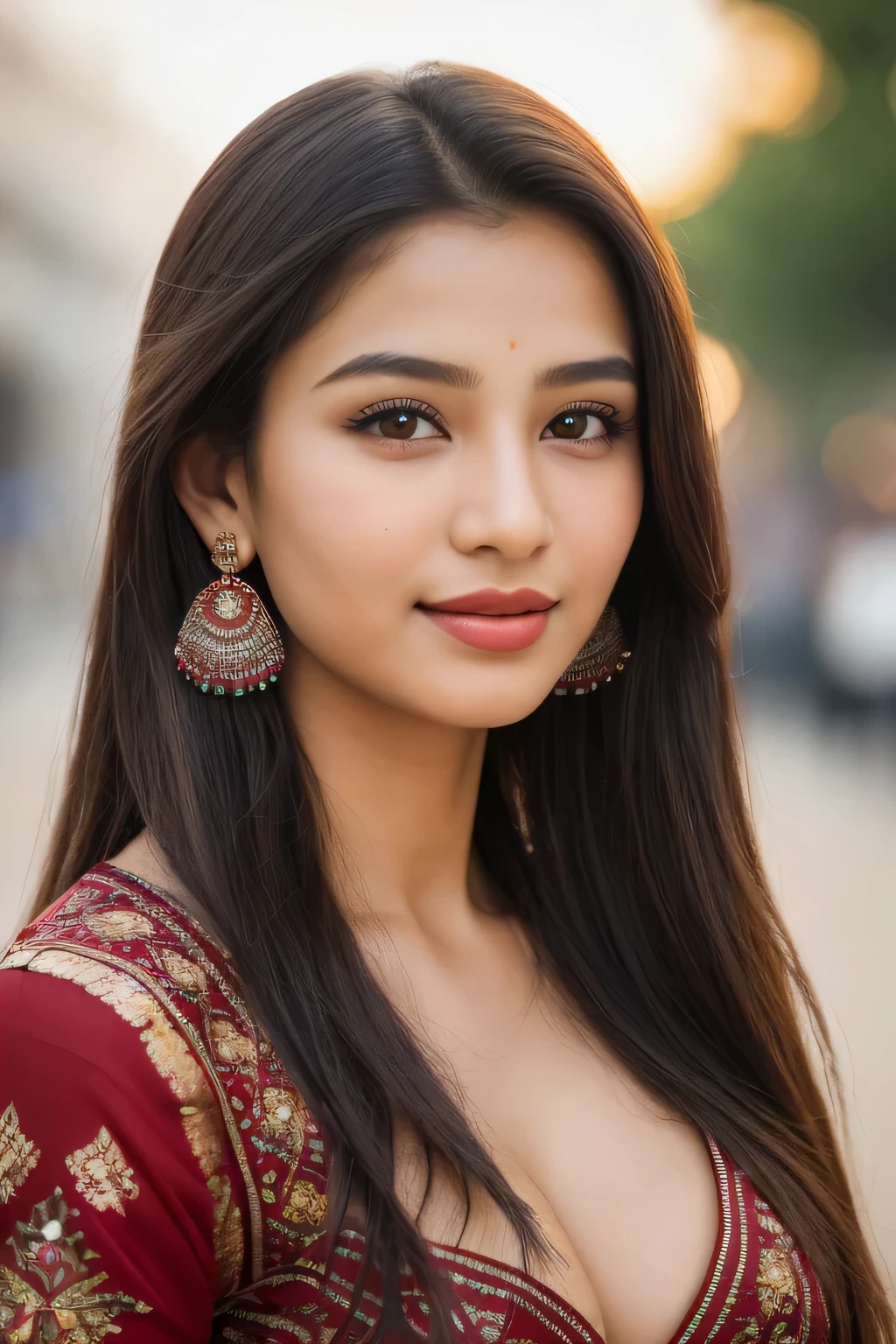 photography of 2 stunning girl, in the city, indian women, wearing black skirt, enjoying, girl, summer, hot girl, (((medium bust))), brunette hair, long_hair, looks into the camera, symmetrical face, photorealistic, photography, spectacular lighting,, gorgeous, cleavage, western, (masterpice), best quality, high resolution, extremely detailed, skin with pores, blurred background, depth of field, cinematic lighting, Uzbekistan,Wear traditional Uzbek clothes, Wear traditional Uzbek earrings
