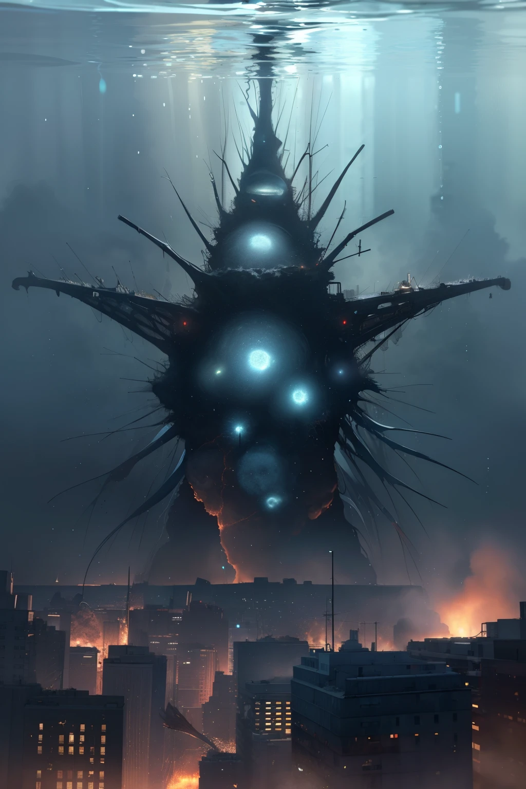 "A city underwater on the brink of a nuclear explosion:1.3, (an Impressionistic Masterpiece:1.2), (high quality:1.2), (intense atmosphere:1.5), dim underwater lighting, 4K, a bustling underwater metropolis, cracks in the buildings, bubbles rising, abandoned vehicles, (an expression of impending doom:1.1), citizens looking worried, panic in their eyes, (detailed textures:1.4), (explosion in the distance:1.0), (sense of urgency:1.5), (water droplets:1.1), (fishes swimming in the background