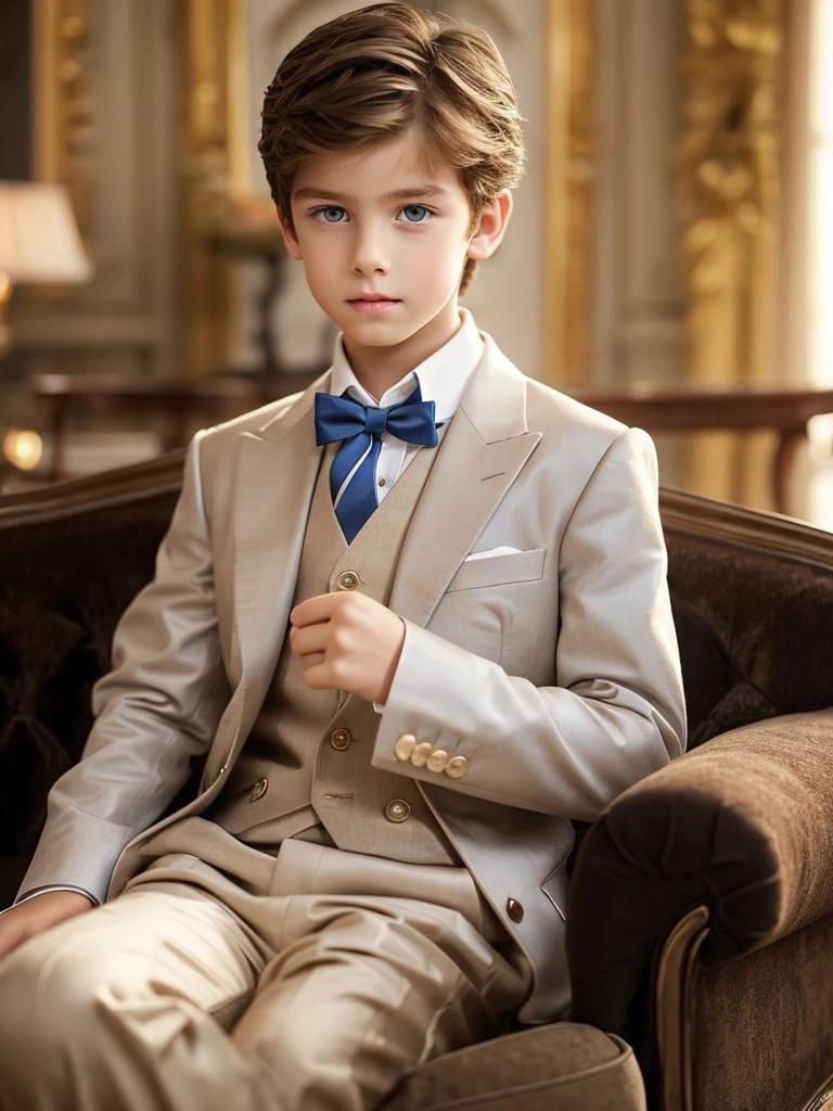 A  boy slender light brown hair and blue eyes white skin fine features handsome boy masculine fine European features fine clothes elegant well dressed living room luxurious classic elegant dark clothes formal elegant