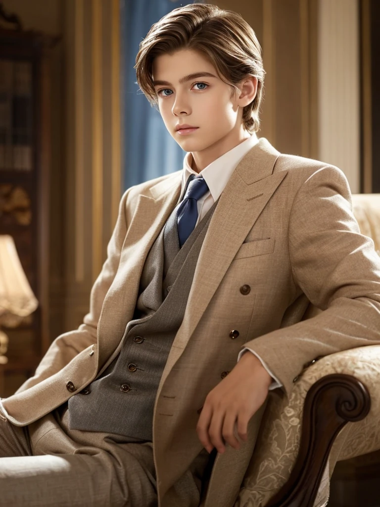 A 10 year old boy slender light brown hair and blue eyes white skin fine features handsome boy masculine fine European features fine clothes elegant well dressed living room luxurious classic elegant dark clothes formal elegant
