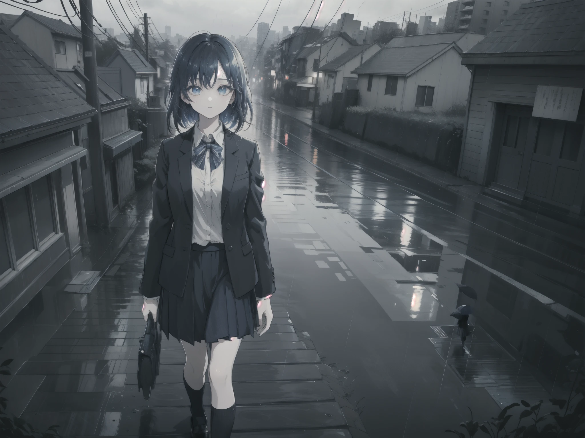 P Blue, scenery, No humans, landscape, (masterpiece,highest quality:1.4), Blue Theme, city, evening, One girl, rain,Cowboy Shot,black long sleeve blazer clothes,Black pleated skirt、Knee-high socks、loafers