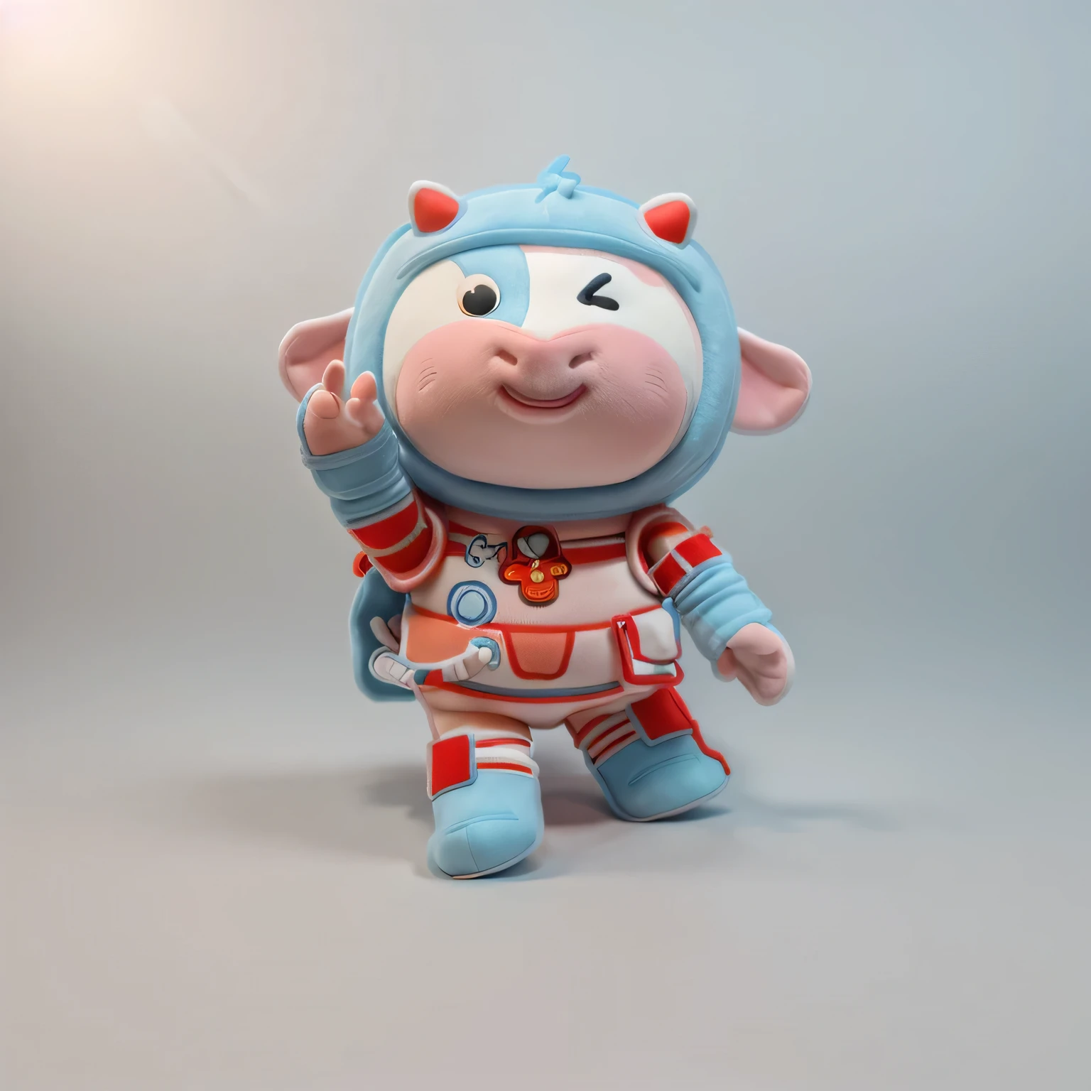 Cow cartoon style,Plush toy material,Light blue and light red,3d rendering style,Best quality