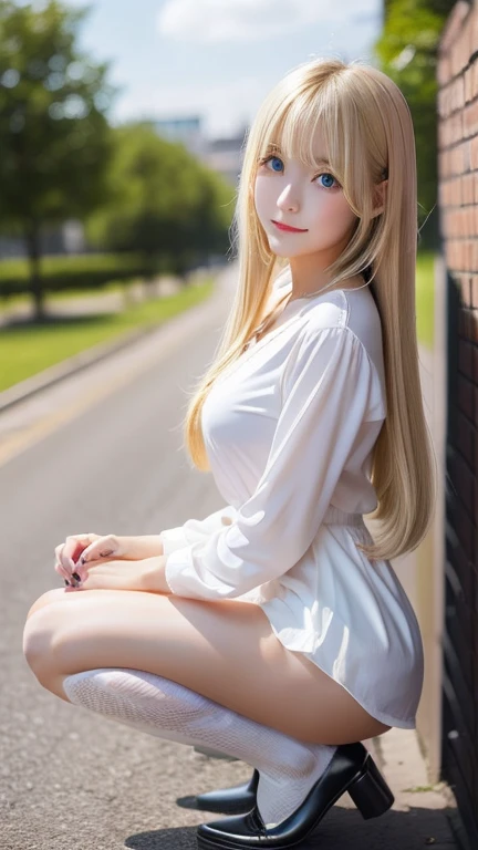 highest quality Embarrassed expression seen by viewers Shining, clear, white skin、Her windblown blonde hair hides her beautiful face、huge、20 years old cute sexy little beautiful face、Beautiful straight hair that stands out、growing up, Sparkling light blue eyes、long silky bangs that cover cute eyes, Sexy and cute young woman with super long hair hiding her sexy face、Nasty Woman Super long, natural platinum blonde shiny hair Beautiful bangs that cover the forehead and reach the eyebrows Beautiful chest Crouching position with legs apart Showing her crotch whole body Lower Body Overall image Sensual pose Classic Gothic ta outfit Beautiful lips ready to kiss you, beautiful legs Wearing knee socks Crotch hair is thin