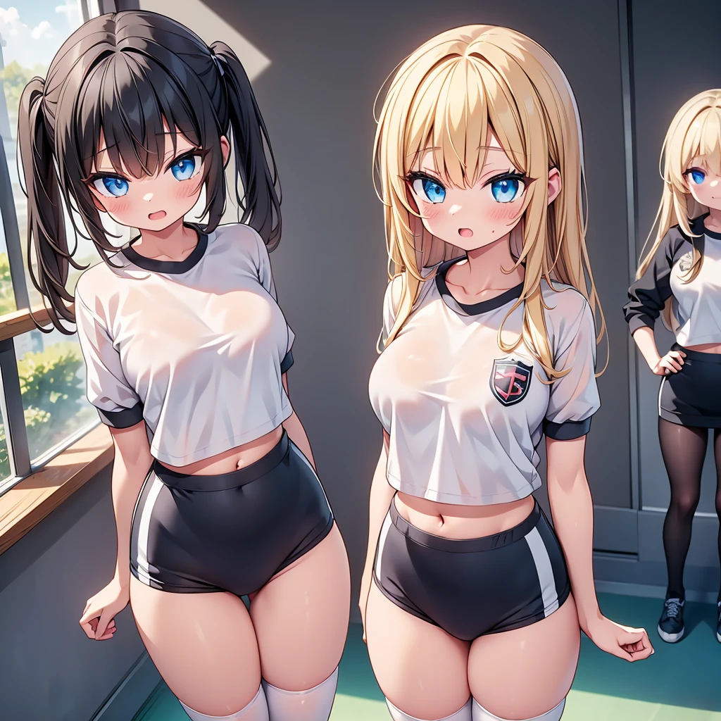 (cute eyes:1.2), (sparkling eyes:1.2), highest quality,wonderful,finely,extremely detailed CG Unity 8K wallpaper, (Stand in line:1.2), (3 girls, clothed), (gym uniform, black buruma, white shirt, short sleeves, thighs:1.1), (midriff peek:1.1), (midium breasts), (open mouth:1.1), (long tongue:1.1), (mouth drool:1.1), (black stockings:1.1),(Thighs:1.2),(Waistline:1.2)
