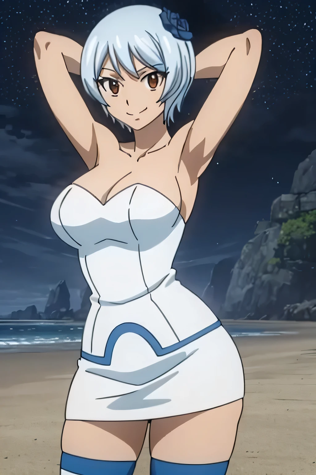 masterpiece, (intricate details), (colorful), cinematic lighting, yukinoagria, white strapless dress, thighhighs, dynamic pose, contrapposto, spread armpit, arms behind head, solo, looking at viewer, (cowboy shot:1.5), closed mouth, night sky, beach, masterpiece, best quality, smile, in the center,