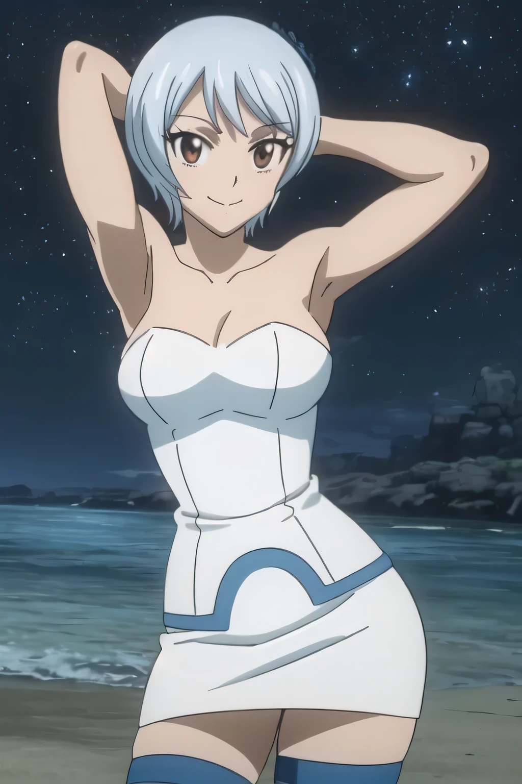 Yukino Aguria, a dark-skinned woman wearing a bikini smiling on the beach at night