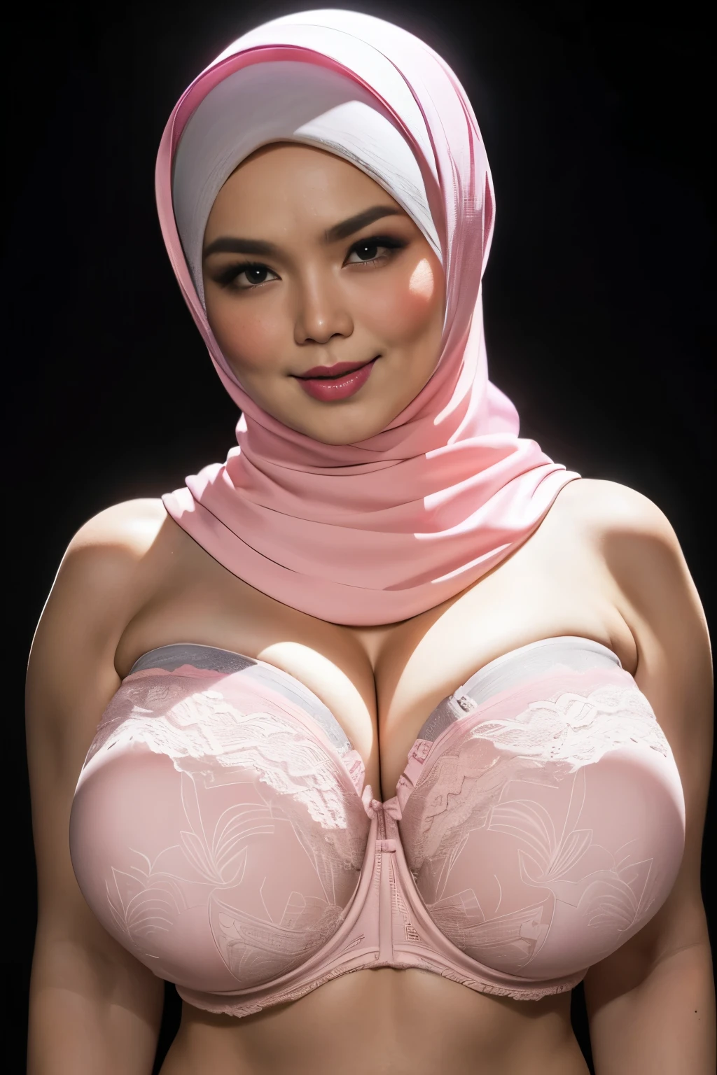 ((SATIN)), ((Saggy breasts:1.7)), ((Gigantic tits:1.7)), (from behind up) seductive pose, ((Thin:1.5)), (Happy smile), (((HIJAB MALAY GIRL))), masutepiece, High quality, UHD 32K, Realistic face, Realistic skin feeling , A Japanese Lady, 58 years old matured lady, (((FLAT CHEST))), (Night time at forest), ((look In front  at the camera and SADNESS)), (((PINK FLUORESCENT & PINK FLUORESCENT))), ((PINK FLUORESCENT LIPS)), ((Floral Pattern)), ((wearing strapless lingerie bra)), dark night background , black forest night, horror scary place, ((saggy bra:1.5))