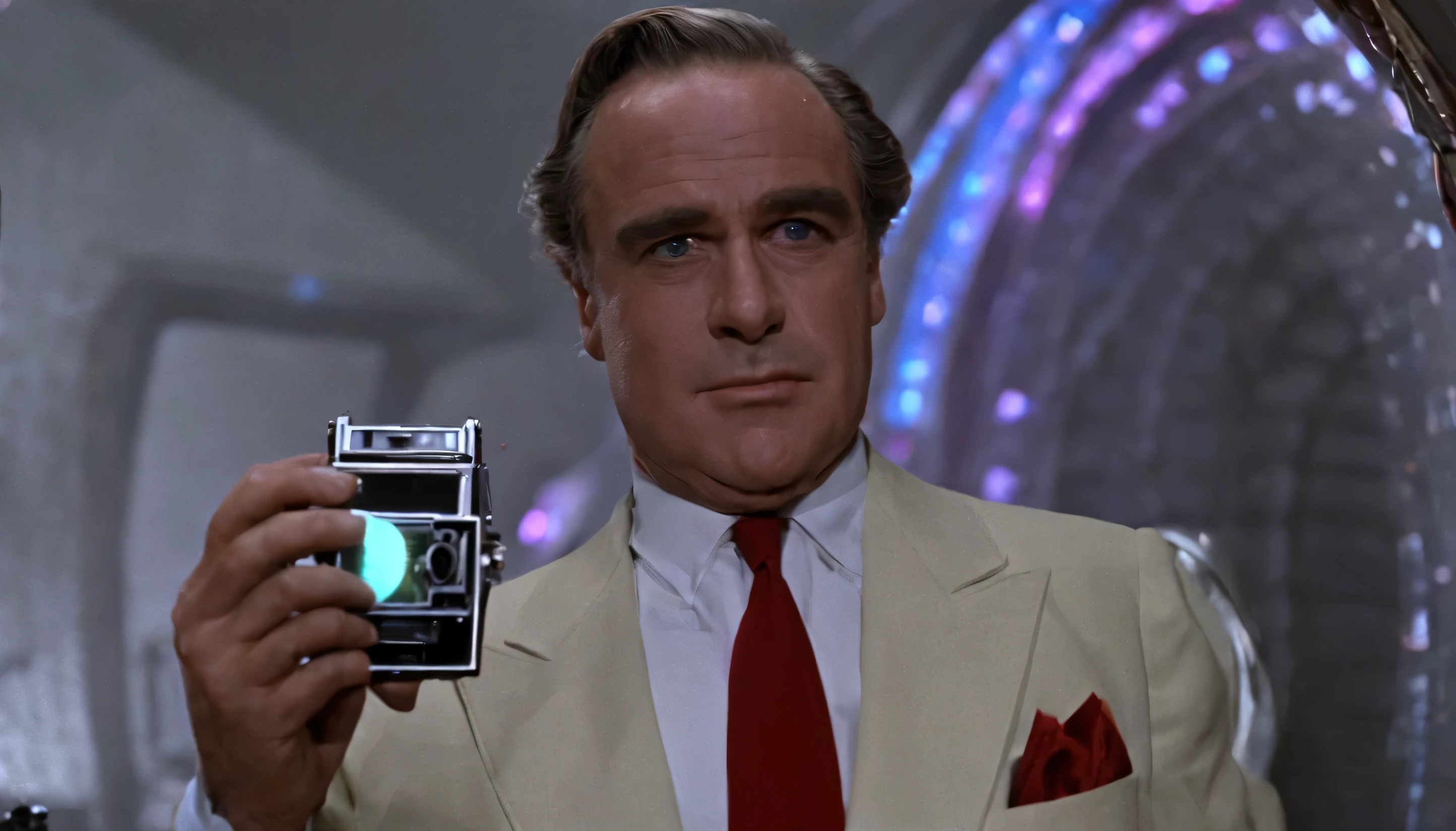 Screengrab a shot of super panavision camera, looks exactly like a old films of 1950s in color. Marlon Brando as a Vito Corleone with a Cigar in his Hand.

