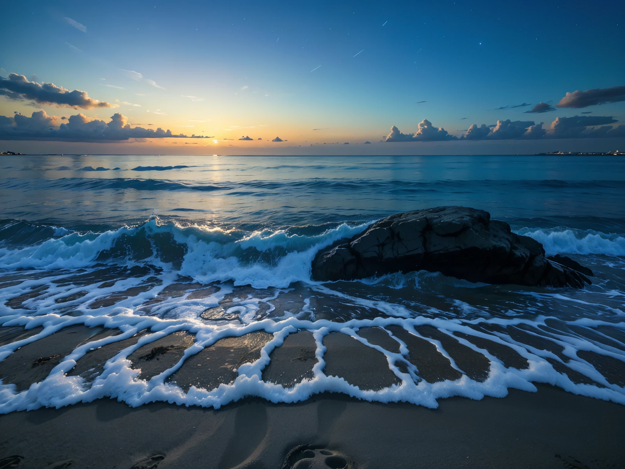 (masterpiece, best quality), best resolution, beach at night with blue glowing water