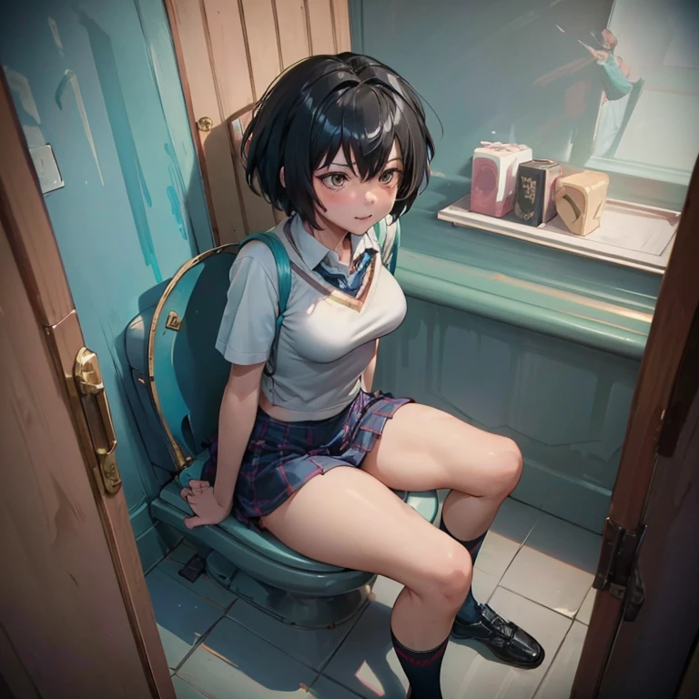 (masterpiece), Best quality, expressive eyes, perfect face,skirt, peniparker, we are sitting, feet on the ground, hands between legs, both hands between legs, adult, big breasts, nice breasts, sexy hips, sitting on the toilet, poops, diarrhoea, panties down 