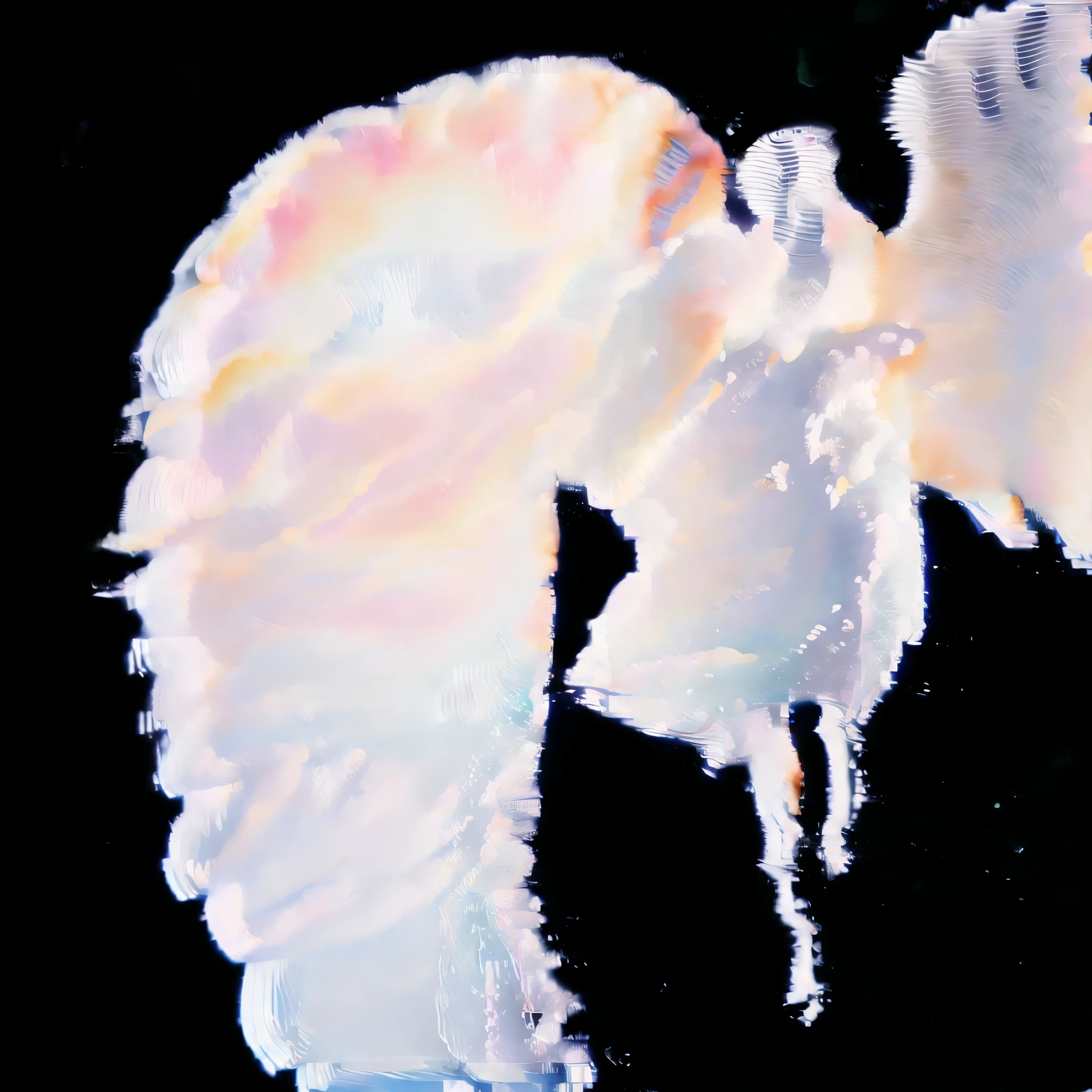 white angel in air, giant cloud wings, unreal beauty women, made of clouds, cloud ripple effect, ripple effect, color bleeding effect, glitch effect, ripple glitch