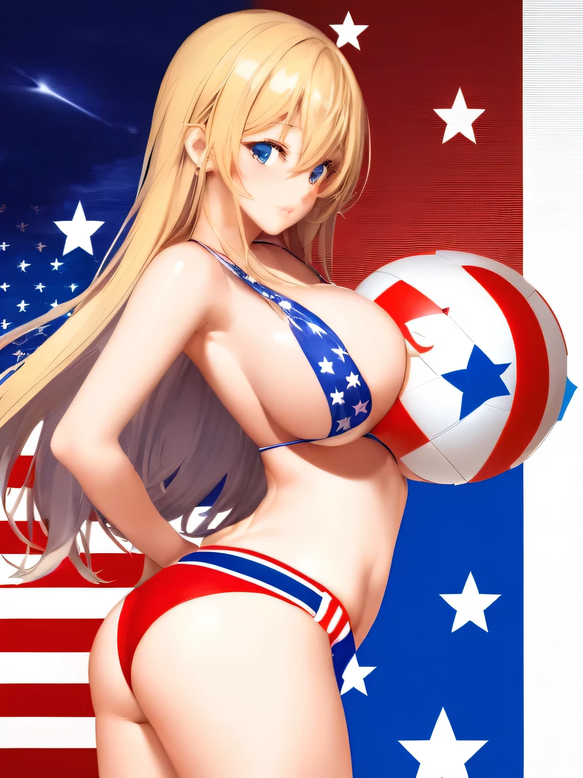 Anime girl in bikini holding a ball in front of a flag, Cute sexy ass, July 4th, stars and stripes, Patriotic!, July 4th, Official artwork, top rated on Pixiv, Marisa Kirisame, by Kentaro Miura, Ahegao, Naughty, everyone, Pixiv, at Pixiv, Pixiv 3dcg, (huge breasts:1.4)