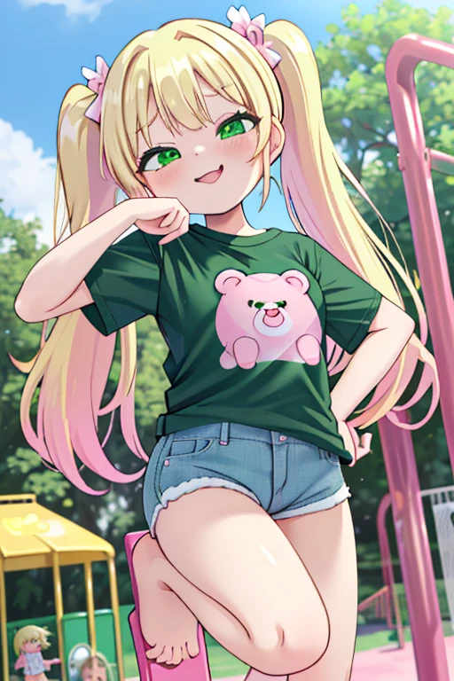 blush, sunlight, sunny, flowers, on a park, mesugake expression, ((mesugake expression at lens)) long hair, bows on pigtails, pink bows, (Female teen, golden blond hair in pigtails, green, eyes, fair skin), (white oversized t-shirt), (short denim shorts), mesugake face, barefoot, ((At a childrens playground)), bratty, spoiled, oversized t-shirt, ((seductive pose)), ((T-shirt has a pink bear logo)), (((Emerald green eyes))), (((Blond hair)))