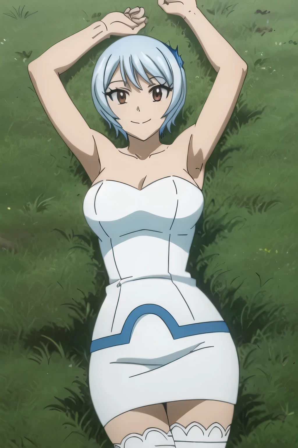 masterpiece, (intricate details), (colorful), cinematic lighting, yukinoagria, white strapless dress, thighhighs, solo, lying on back, arms up, spread arms, on grass, smile, (cowboy shot:1.5) closed mouth, looking at viewer, (cowboy shot:1.5), masterpiece, best quality, smile, in the center,