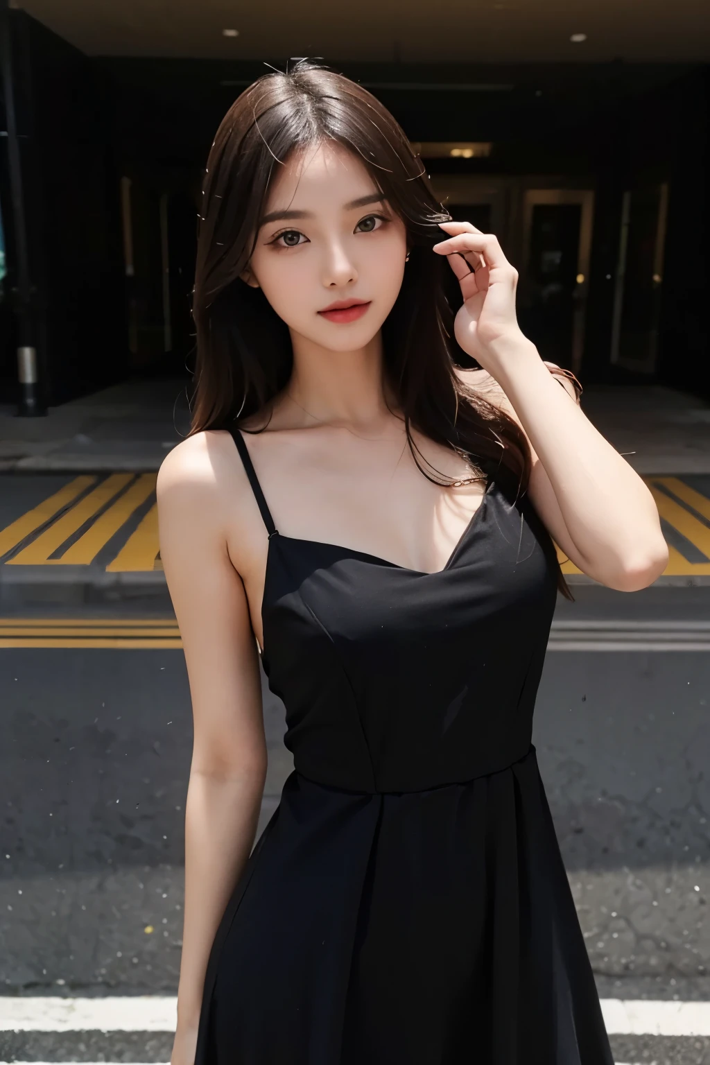 a beauty girl,black dress,straight look at viewer