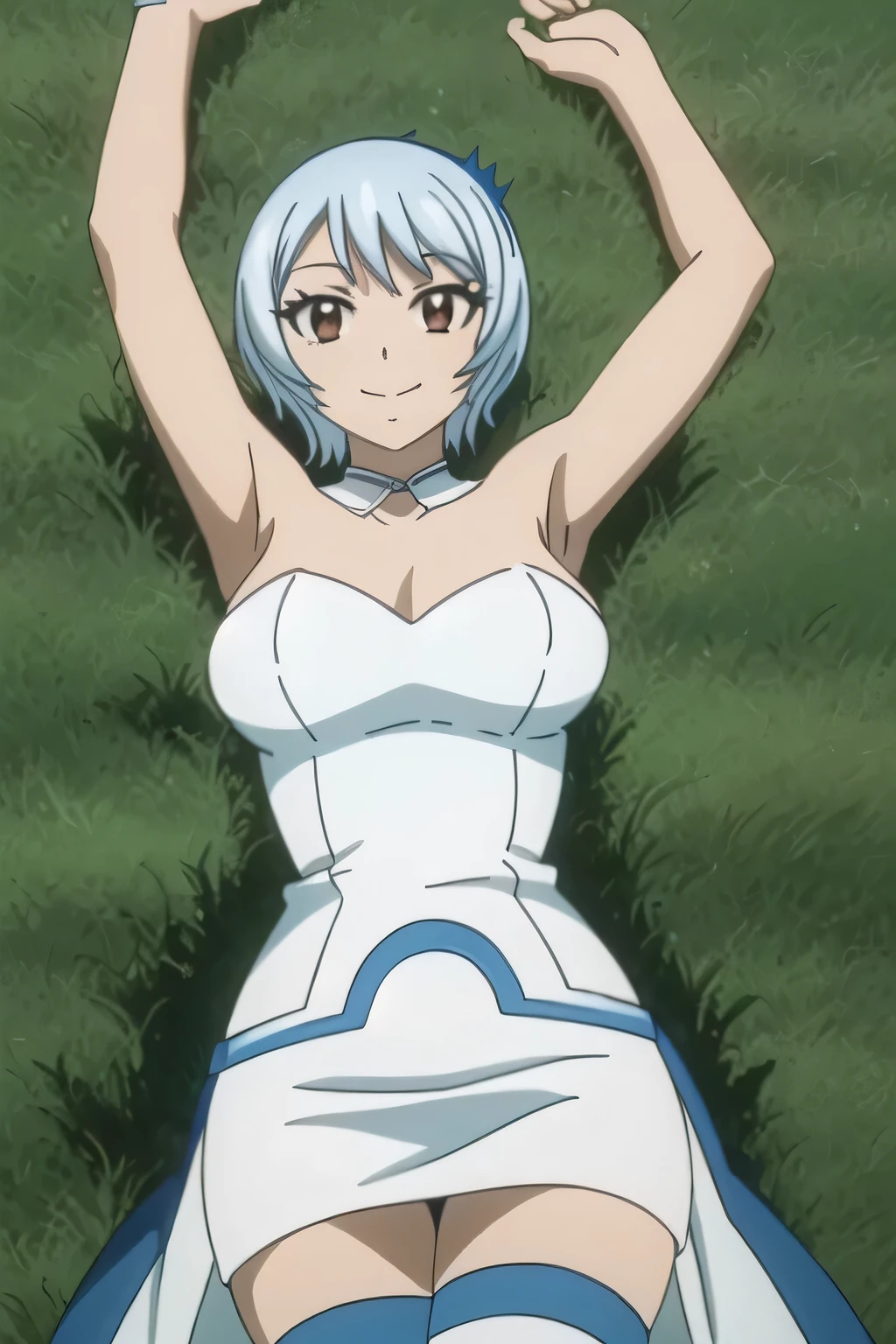 masterpiece, (intricate details), (colorful), cinematic lighting, yukinoagria, white strapless dress, thighhighs, solo, lying on back, arms up, spread arms, on grass, smile, (cowboy shot:1.5) closed mouth, looking at viewer, (cowboy shot:1.5), masterpiece, best quality, smile, in the center,
