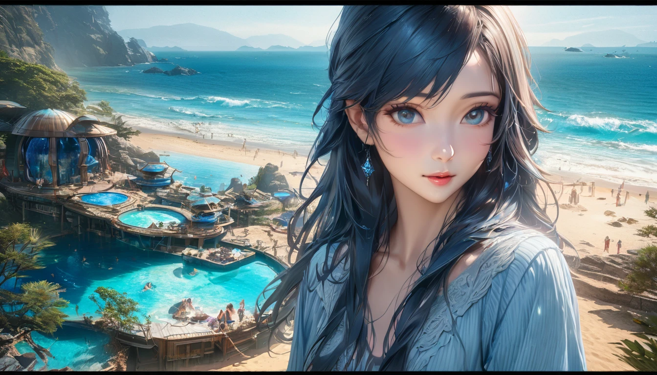 The prompt for Stable Diffusion: A lovely nubile Malaysian woman(age 30, blessed proportions), sunbathing on a sci-fi fantasy Venus beach, surrounded by a captivating scenery of a blue sea, sparkling blue sand, and large blue crystal outcroppings. The image should showcase the best quality with 4k or 8k resolution, high details, and a photorealistic rendering. The art style should combine elements of portraits and landscape, creating a vivid and captivating visual. The color palette should be dominated by various shades of blue, creating a serene and ethereal atmosphere. The lighting should be natural yet enhancing the beauty of the woman and the surroundings.