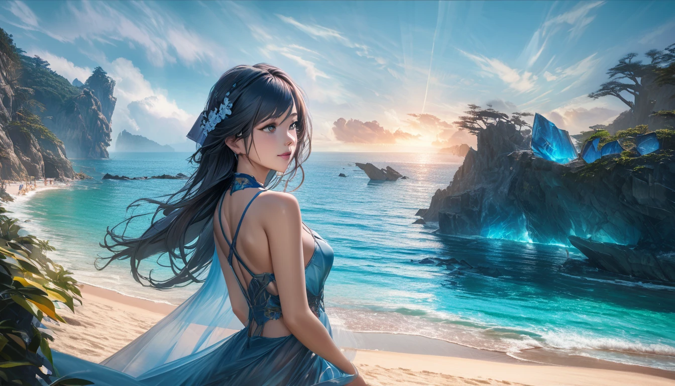 The prompt for Stable Diffusion: A lovely nubile Malaysian woman(age 30, blessed proportions), sunbathing on a sci-fi fantasy Venus beach, surrounded by a captivating scenery of a blue sea, sparkling blue sand, and large blue crystal outcroppings. The image should showcase the best quality with 4k or 8k resolution, high details, and a photorealistic rendering. The art style should combine elements of portraits and landscape, creating a vivid and captivating visual. The color palette should be dominated by various shades of blue, creating a serene and ethereal atmosphere. The lighting should be natural yet enhancing the beauty of the woman and the surroundings.