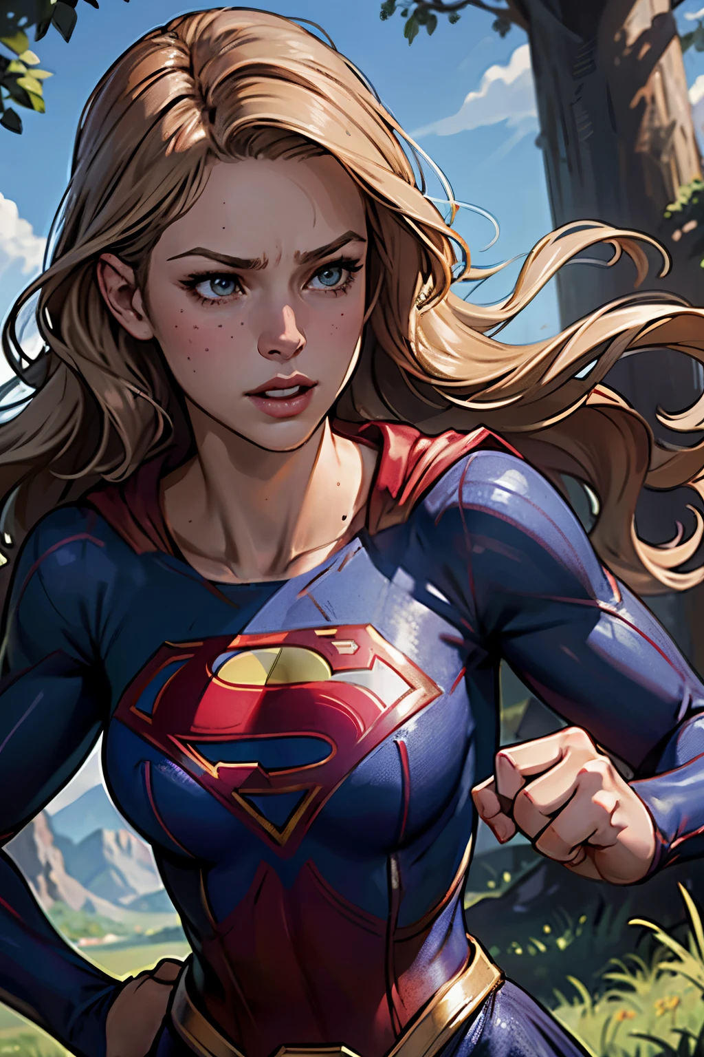 ((highest quality)), ((masterpiece)), (be familiar with), (High definition), (Realistic), (Realistic), (Best Shadow), Low contrast, (Complex:1.4), Side lighting, 8K, ((melissa Benoist)), ((SUPER GIRL)), Perfect Face、Detailed、(Accurate hand and finger depiction)、supergirl women、Blonde、Voluptuous body、Large Breasts、Narrow waist、Big Ass、Alluring、glamorous、(Action Scenes)、((Punching an enemy:1.2))、sweating、On the grass、in the deep forest、blue sky、((Upper body close-up:1.2))