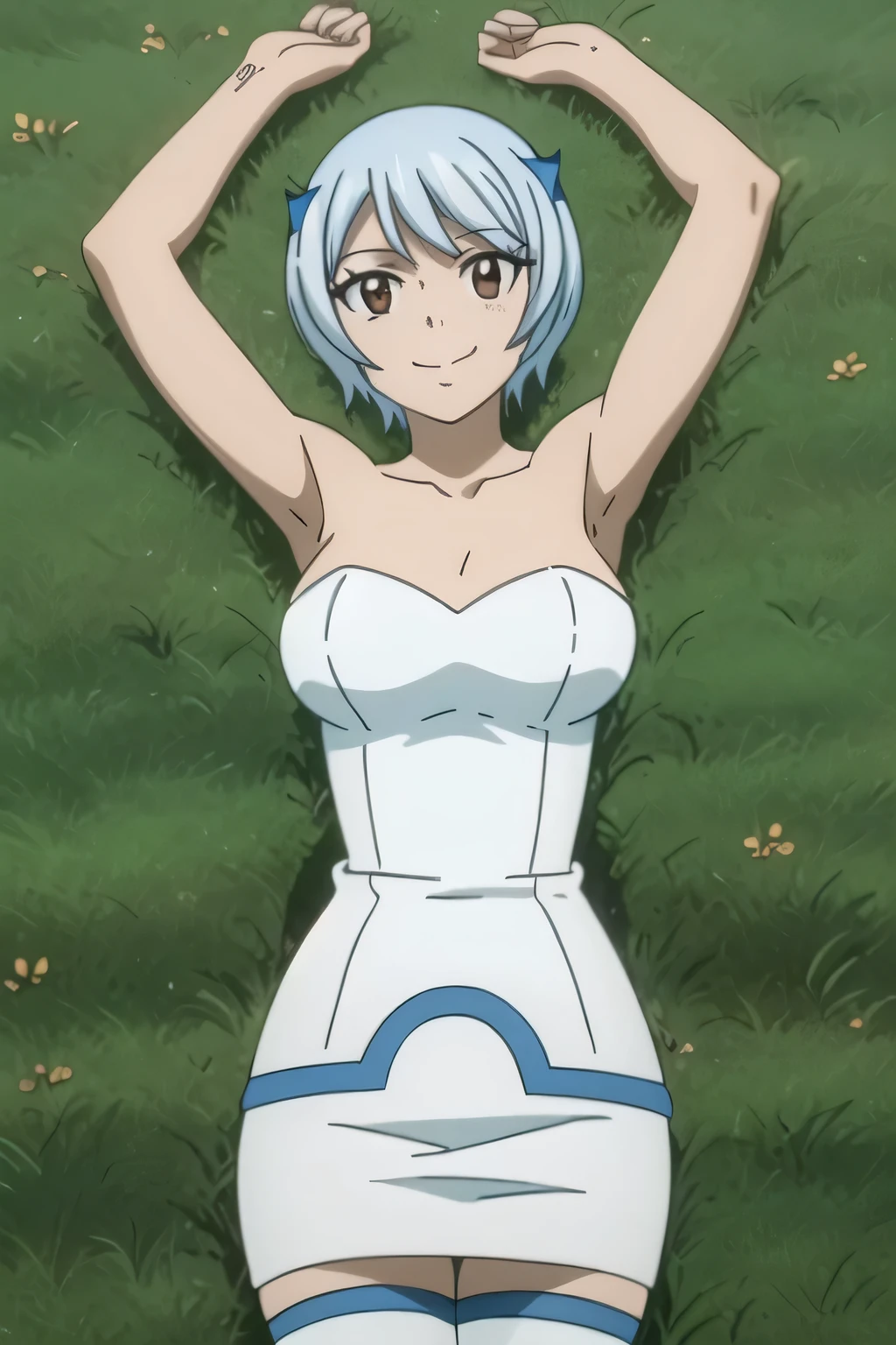 masterpiece, (intricate details), (colorful), cinematic lighting, yukinoagria, white strapless dress, thighhighs, solo, lying on back, arms up, spread arms, on grass, smile, closed mouth, looking at viewer, (cowboy shot:1.5), masterpiece, best quality, smile, in the center,
