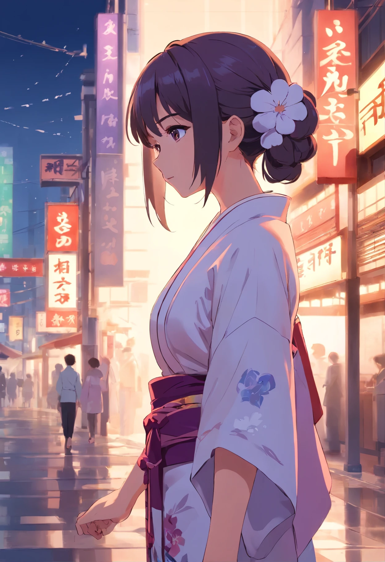Traje de kimono blanco ,medias blancas, descalza , loose hair with two small pigtails on the sides , furra de orejas y cola de mapache morado pelo , sentada, llorando , triste