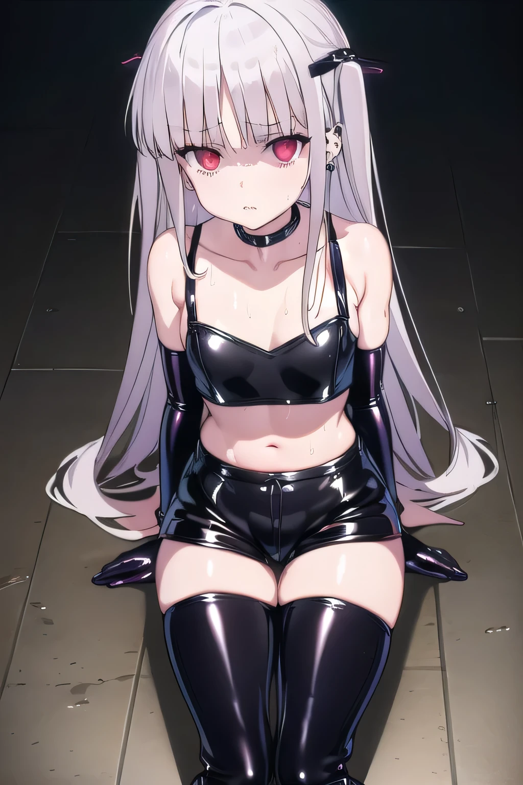 masterpiece, best quality, ultra-high-detailed, Disgusted face, white hair, red eyes, sigtuna julie , small breast, looking viewer like a trash , deep eyes , down shot, (((black latex shorts))), (((black latex thigh high boots))), black latex top, bare midriff, (bare thighs), (black latex gloves), leather choker, dominatrix, goddess, femdom, mistress, no use skirt, Warm body, hot body, A lot sweat , more sweat, hot temperature, sweating, Sweated a lot, warm room, bare shoulder, showing shoulder, Collarbone, Human, goth, emo, piercings, skinny, sexy, short, leather, crop top, shorts, , black corset, latex pants, bare shoulder, Collarbone, Tight thights , no skirt, sitting, black latex, Below shot, Fit girl, muscle girl, fit body, showing feet